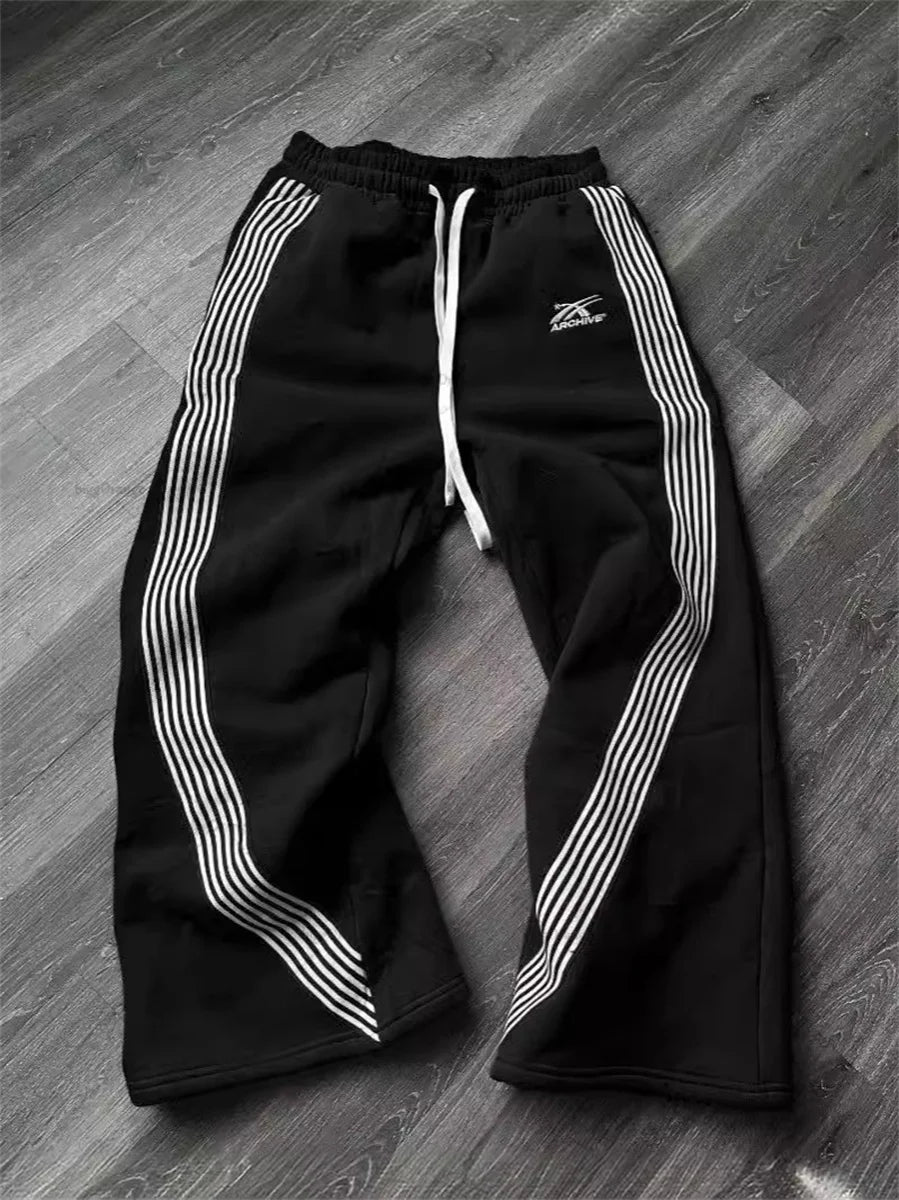 AURELLE Striped Wide-Leg Streetwear Sweatpants – Casual Loose Drawstring Pants for Men & Women
