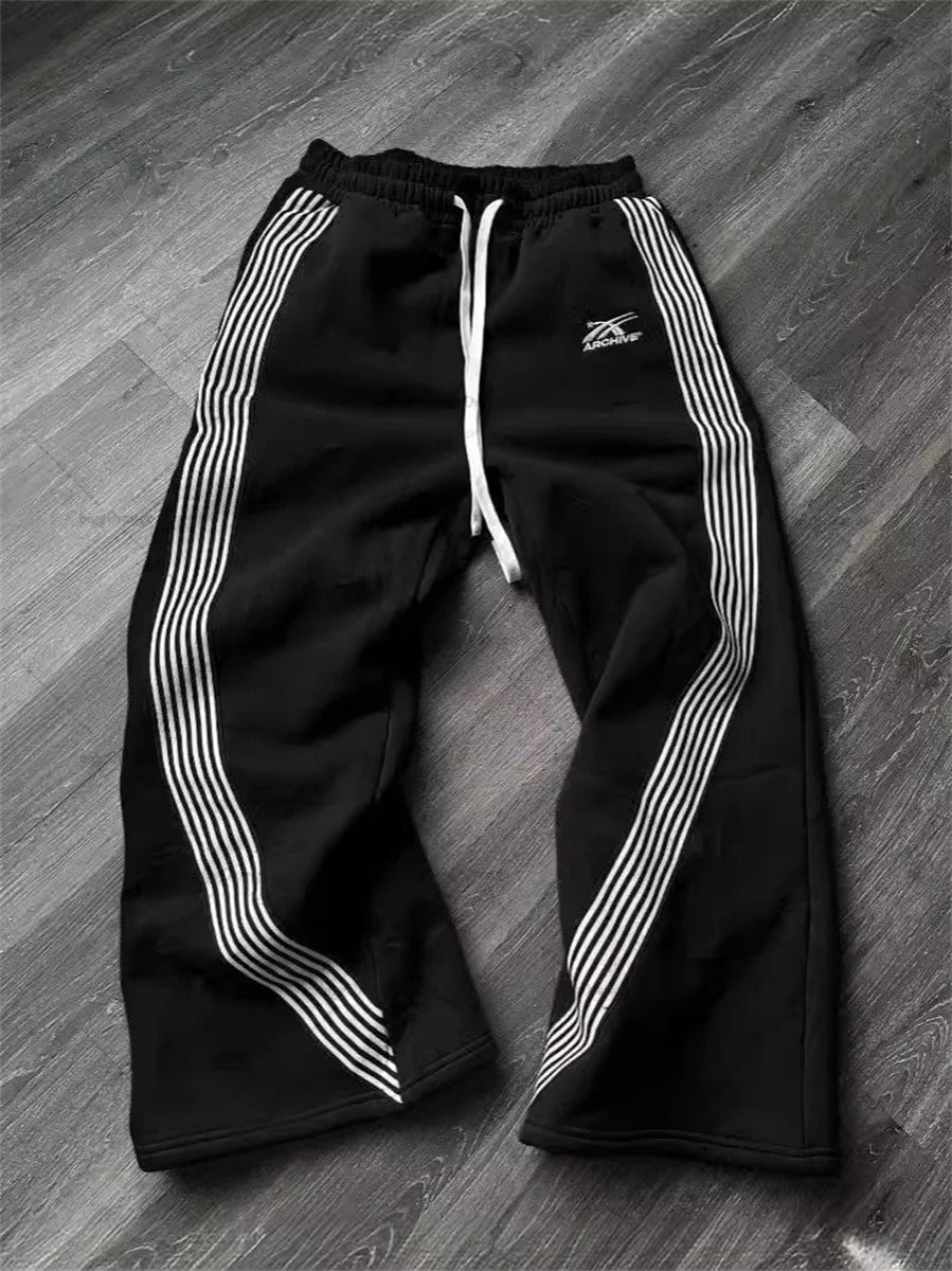 AURELLE Striped Wide-Leg Streetwear Sweatpants – Casual Loose Drawstring Pants for Men & Women