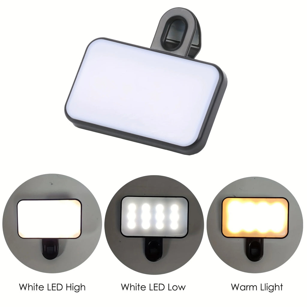 Portable Rechargeable Selfie Fill Light – Clip-On LED Light with 3 Color Modes