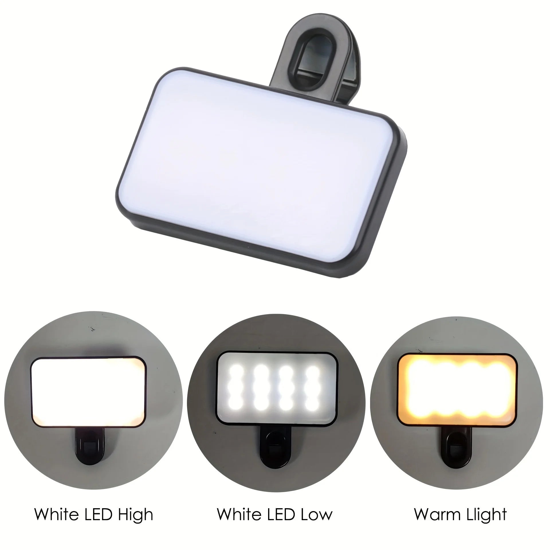 Portable Rechargeable Selfie Fill Light – Clip-On LED Light with 3 Color Modes