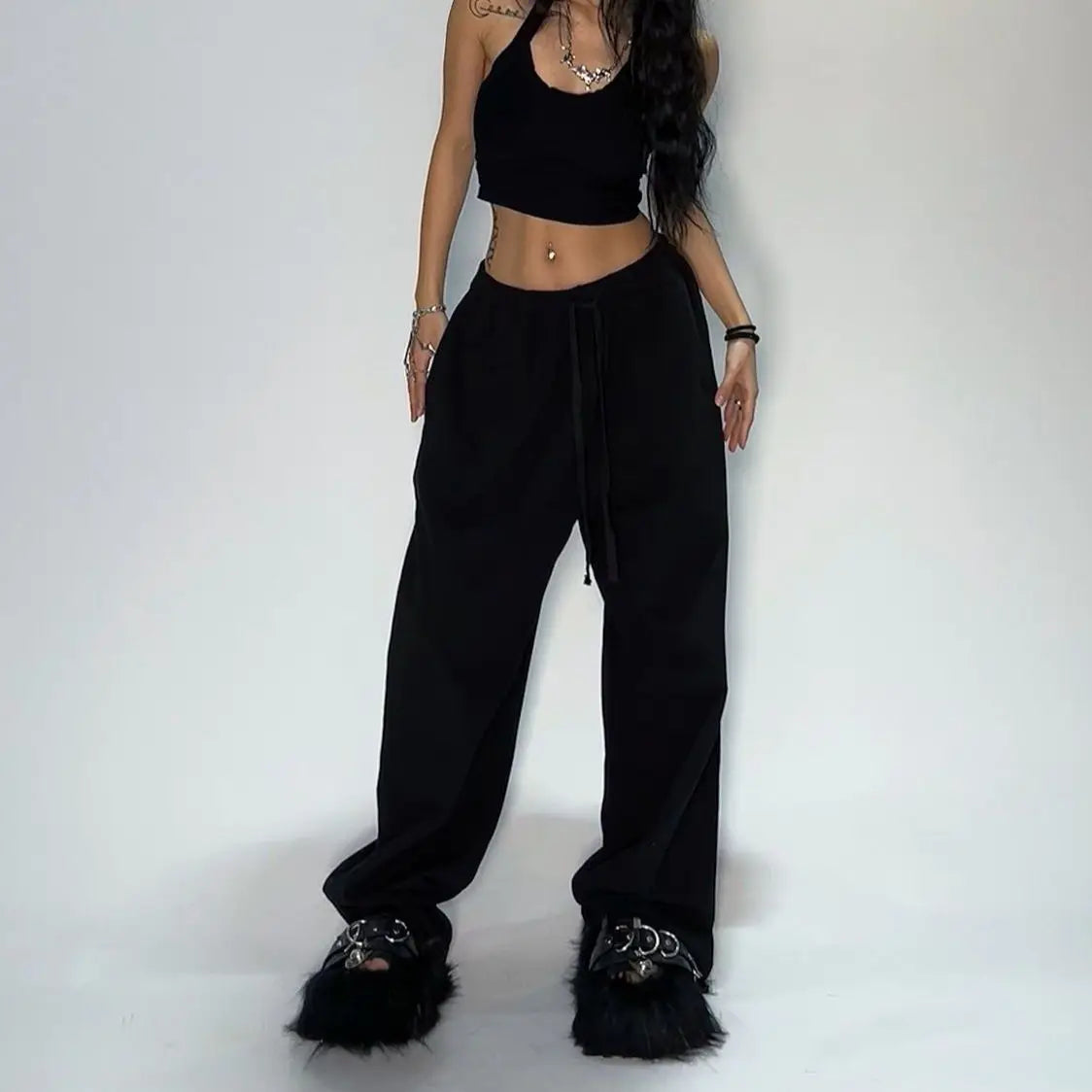 AURELLE Striped Wide-Leg Streetwear Sweatpants – Casual Loose Drawstring Pants for Men & Women