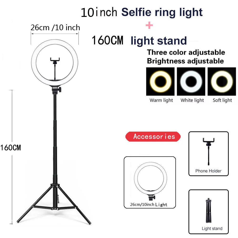 AURELLE LED Ring Light with Tripod Stand – 26/33cm USB Selfie & Photography Light