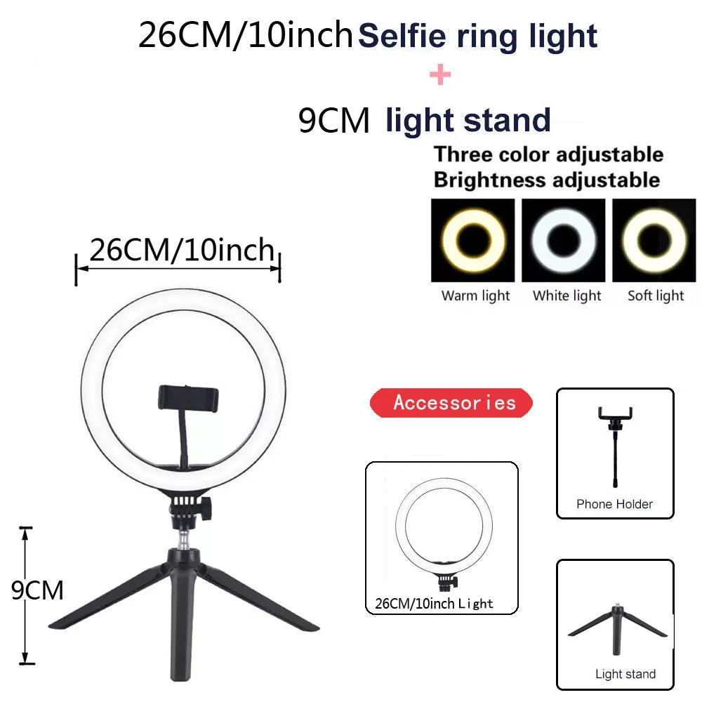 AURELLE LED Ring Light with Tripod Stand – 26/33cm USB Selfie & Photography Light