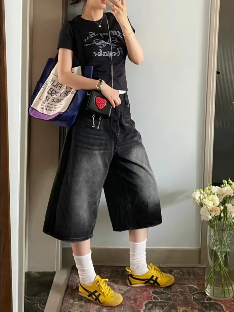 Women's High-Waisted Baggy Denim Jorts – Relaxed Calf-Length Shorts