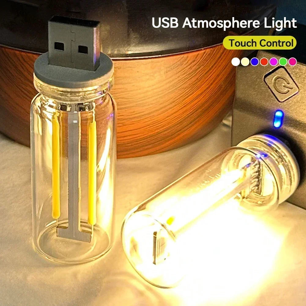 USB Touch-Dimmable LED Atmosphere Light – Portable Filament Night Lamp for Car & Bedroom