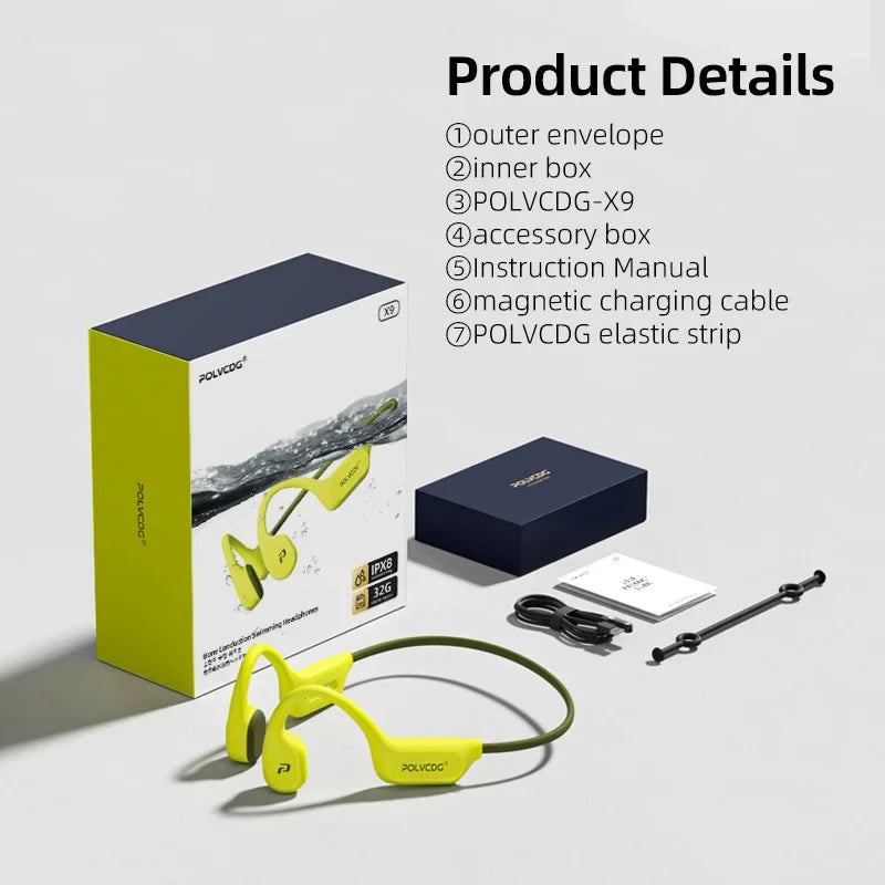 POLVCDG X9 Bone Conduction Bluetooth Headphones – IPX8 Waterproof, 32GB Storage