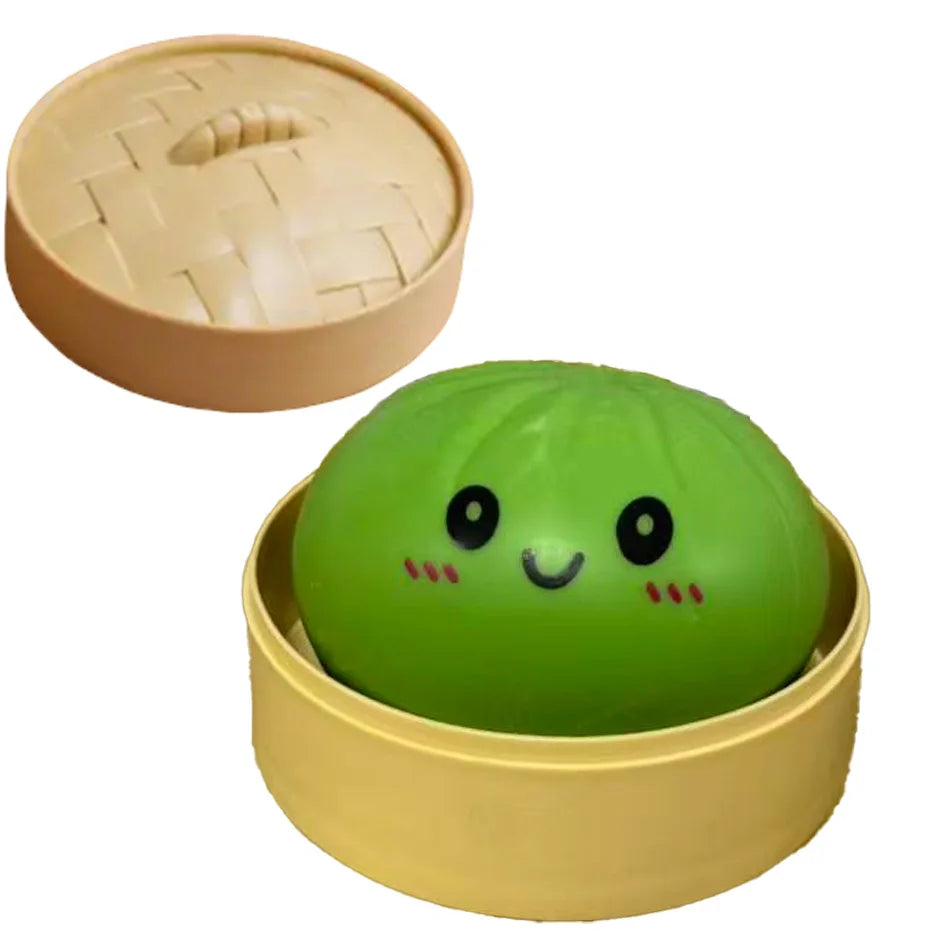 Dumpling Squishy Stress Toy – Slow-Rising Soft Fidget with Mini Steamer