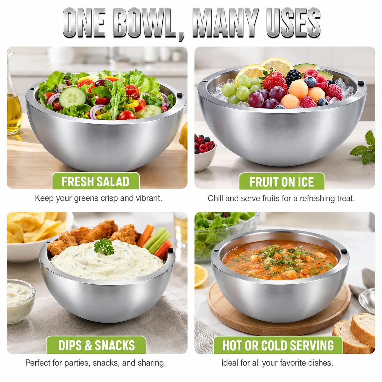 Stainless Steel Double-Walled Insulated Salad &amp; Serving Bowl
