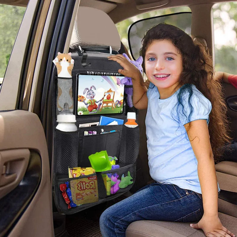 Car Backseat Organizer with Touchscreen Tablet Holder – Multi-Pocket Seat Protector