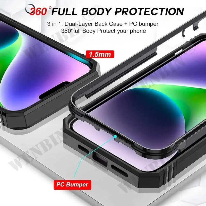 Heavy-Duty Protective Case for iPhone 7–17 Series – Full-Coverage Shock-Resistant Cover with 360° Kickstand & Camera Protection