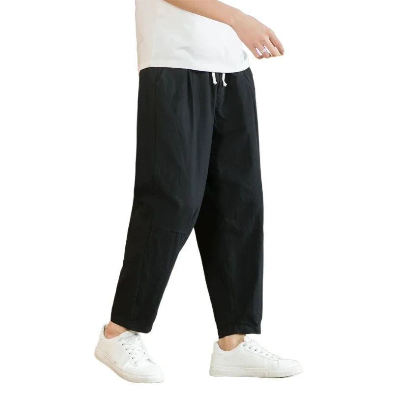 AURELLE Men's Cotton Linen Drawstring Pants – Lightweight Harem-Style Casual Streetwear