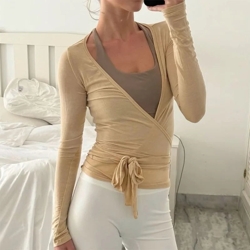 AURELLE Women's Cross Wrap Tie Yoga Crop Top – Slim Fit V-Neck Active Wear