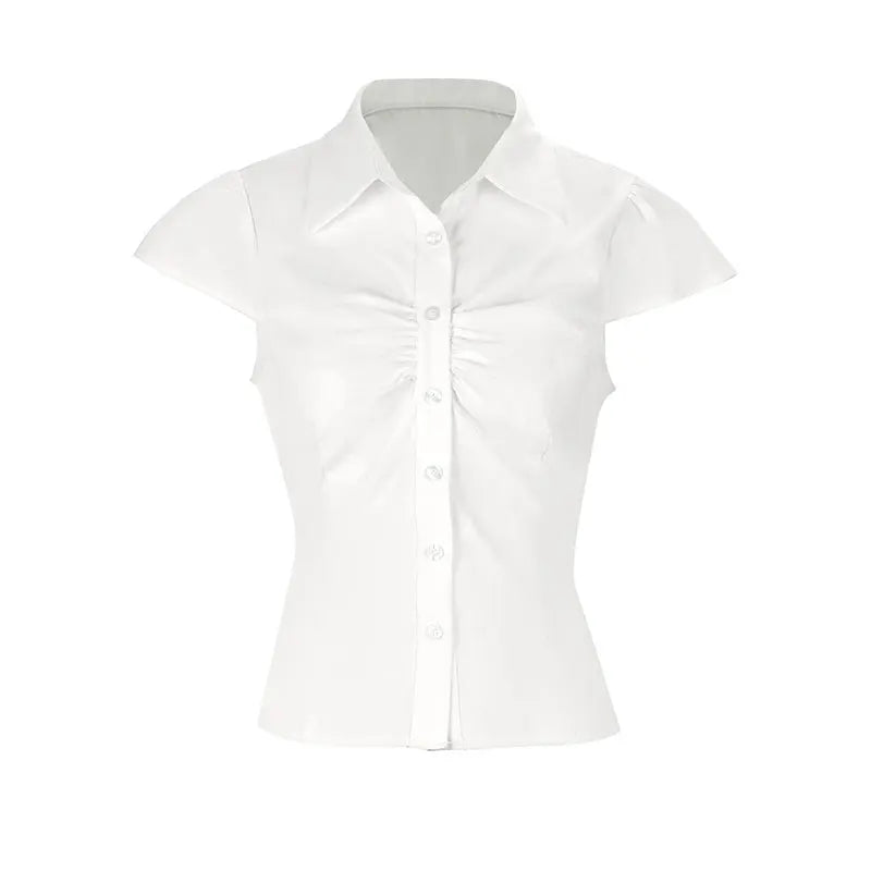AURELLE Women's Button-Up Collared Summer Top – Cropped Stretch Casual Tee