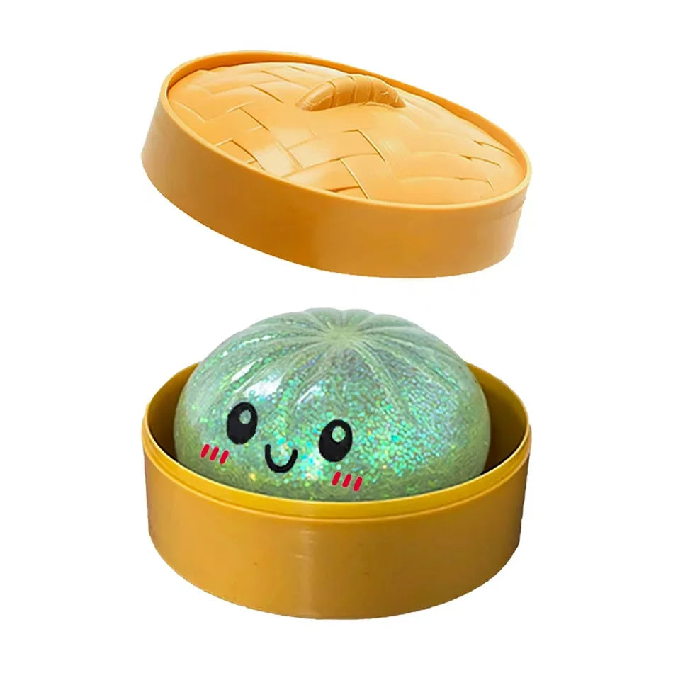 Dumpling Squishy Stress Toy – Slow-Rising Soft Fidget with Mini Steamer
