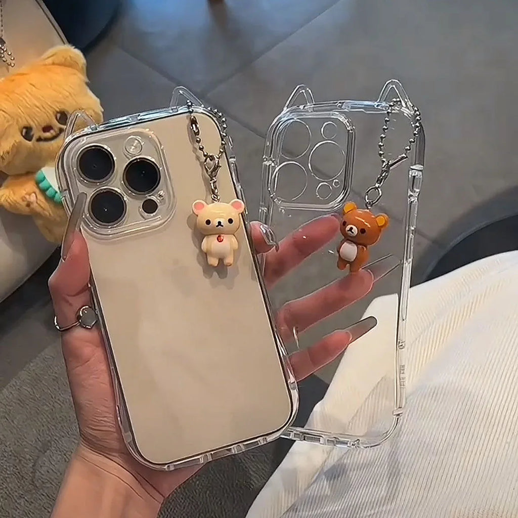 Cute 3D Bear Ear Clear Phone Case with Bear Charm – Shockproof TPU Cover for iPhone