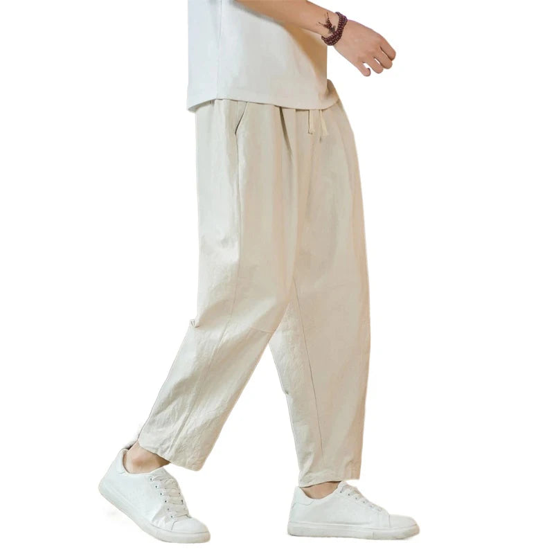 AURELLE Men's Cotton Linen Drawstring Pants – Lightweight Harem-Style Casual Streetwear