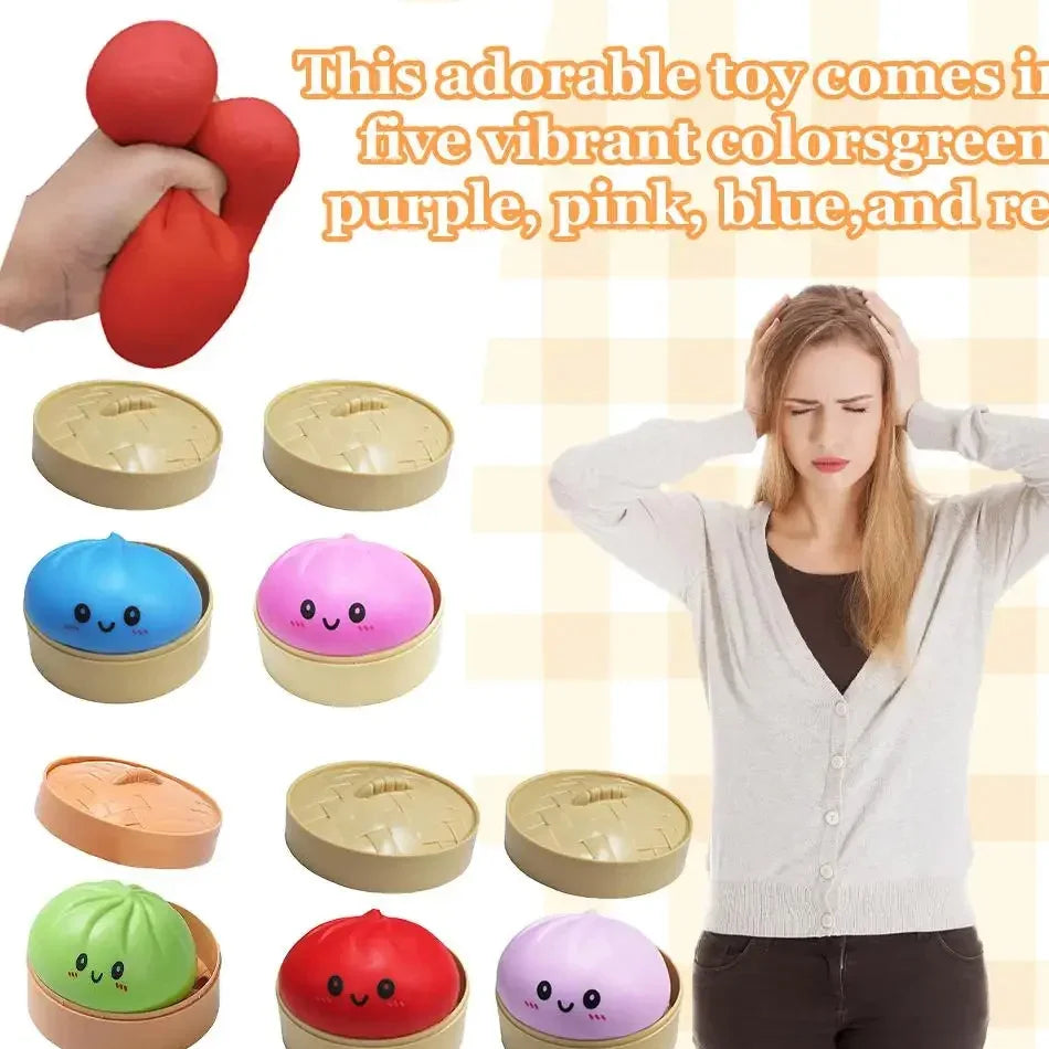 Dumpling Squishy Stress Toy – Slow-Rising Soft Fidget with Mini Steamer