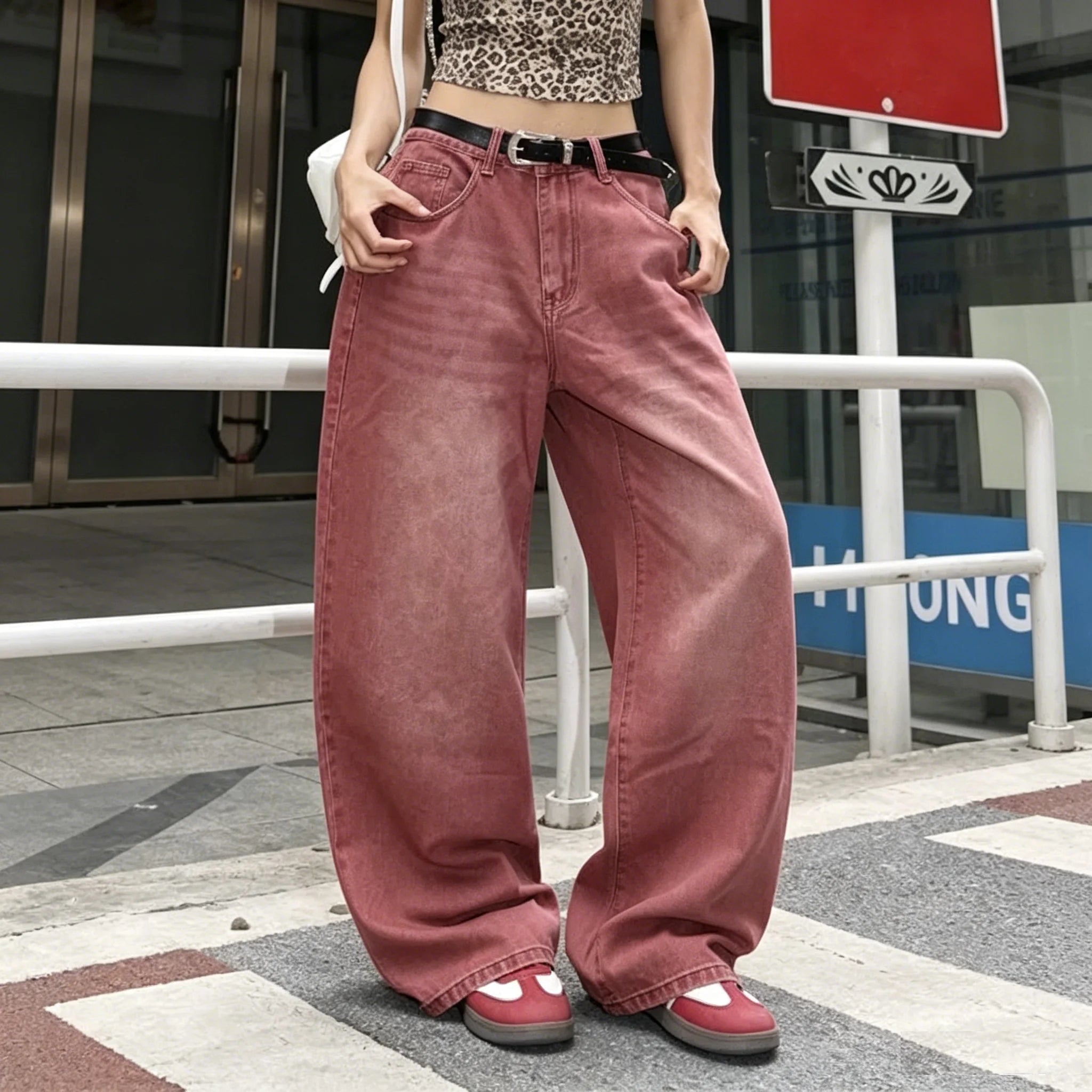 Women's Vintage Washed Wide Leg Jeans – Mid-Rise Relaxed Denim Pants