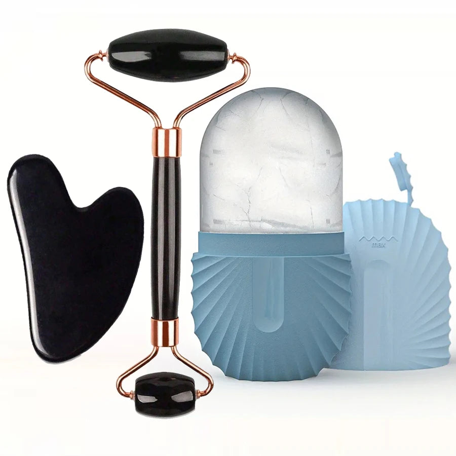 Ice Face Roller & Gua Sha Set – Reusable Silicone Facial Massager for Puffiness & Skincare