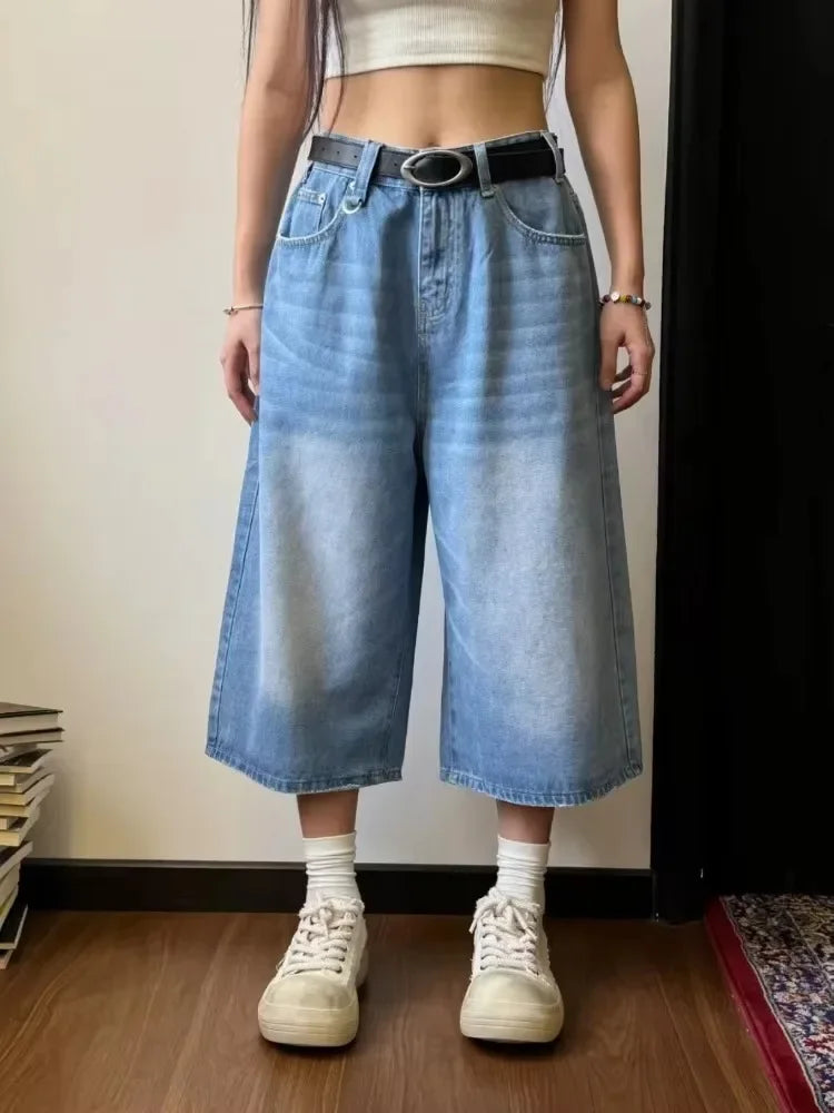 Women's High-Waisted Baggy Denim Jorts – Relaxed Calf-Length Shorts