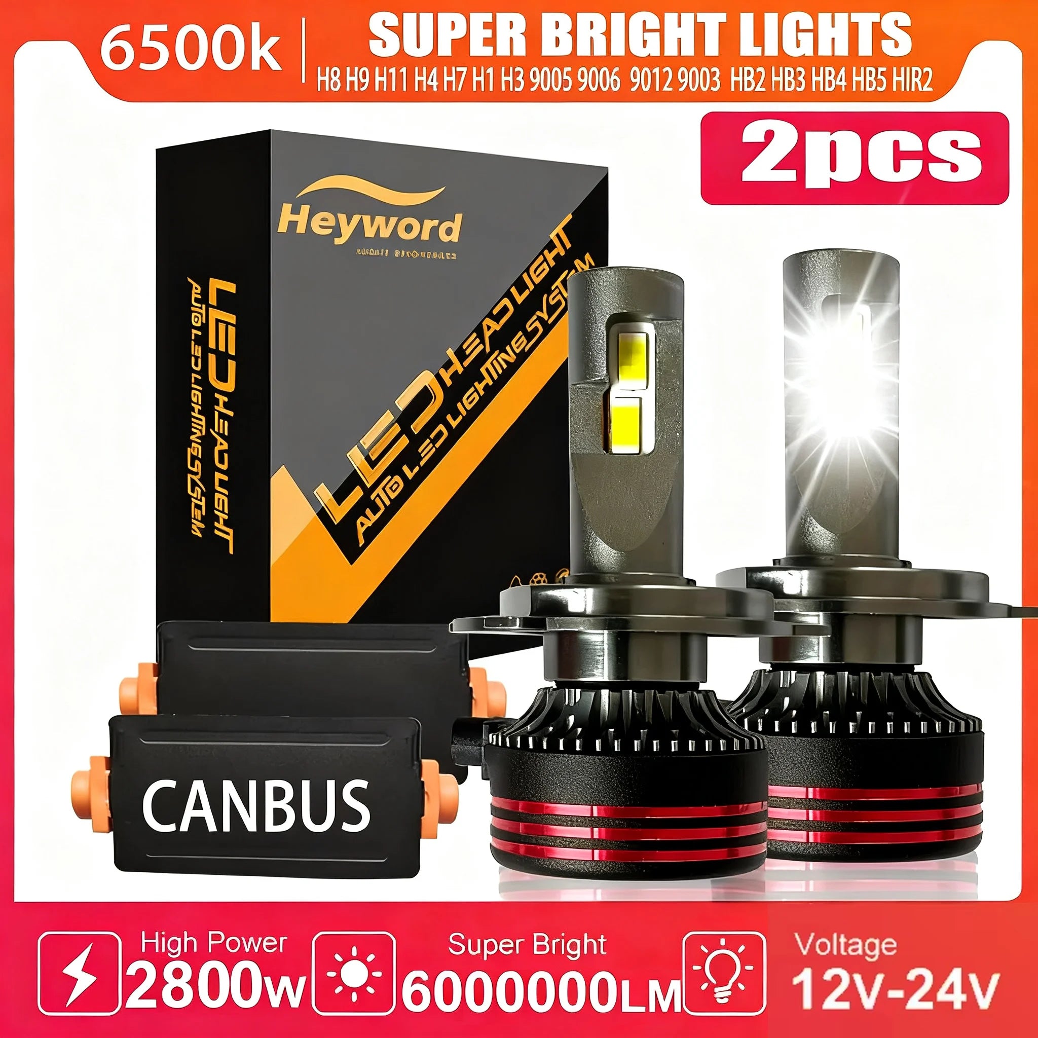 Heyword 2800W 6000000LM PLUS H7 H11 H1 H4 Led Headlight Bulb 6000K LED HB3 HB4 Double Copper Tube Led Light Kit for Car 12V 2PCS