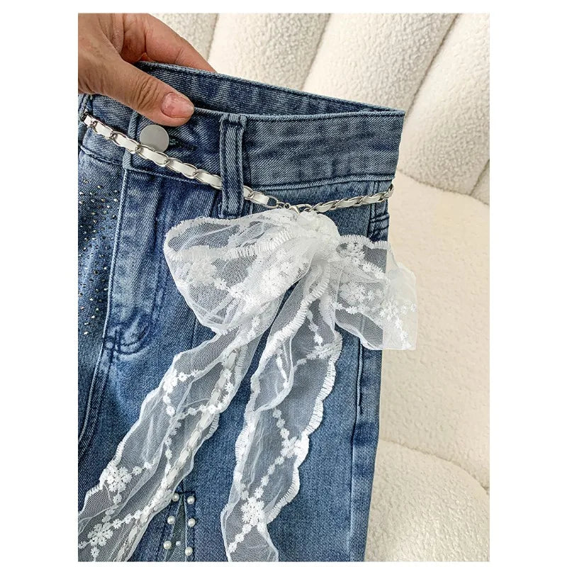 Women's High-Waisted Wide Leg Jeans – Pearl &amp; Lace Detail Denim Pants