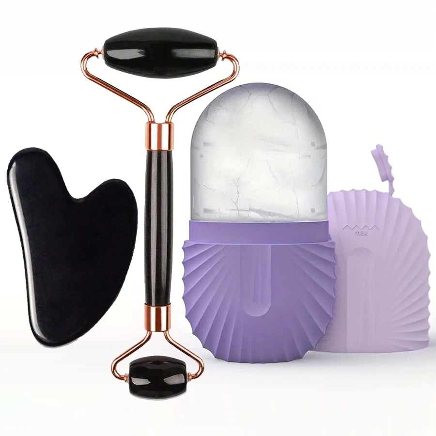 Ice Face Roller & Gua Sha Set – Reusable Silicone Facial Massager for Puffiness & Skincare