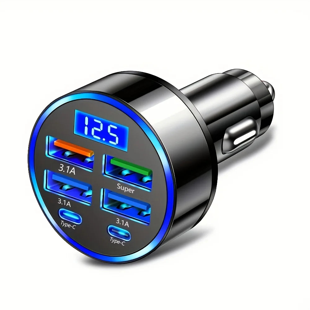 6-in-1 Fast Charging Car Adapter – 3.1A Dual Type-C USB Charger