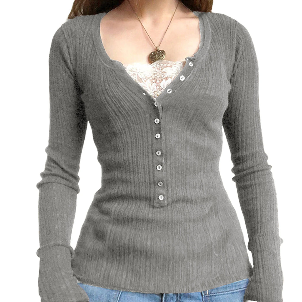 Women's Lace Patchwork Button Front Knit Top – Long Sleeve Slim Fit Sweater