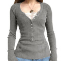 Women's Lace Patchwork Button Front Knit Top – Long Sleeve Slim Fit Sweater