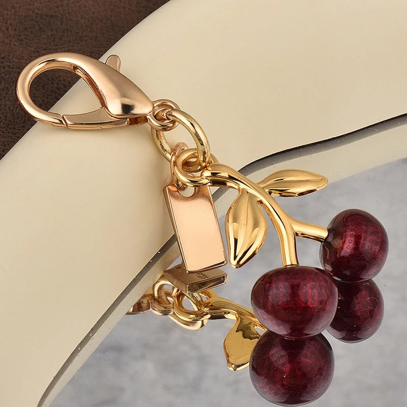 Bear & Cherry Metal Keychain – Gold Keyring for Keys, Bags & Backpacks