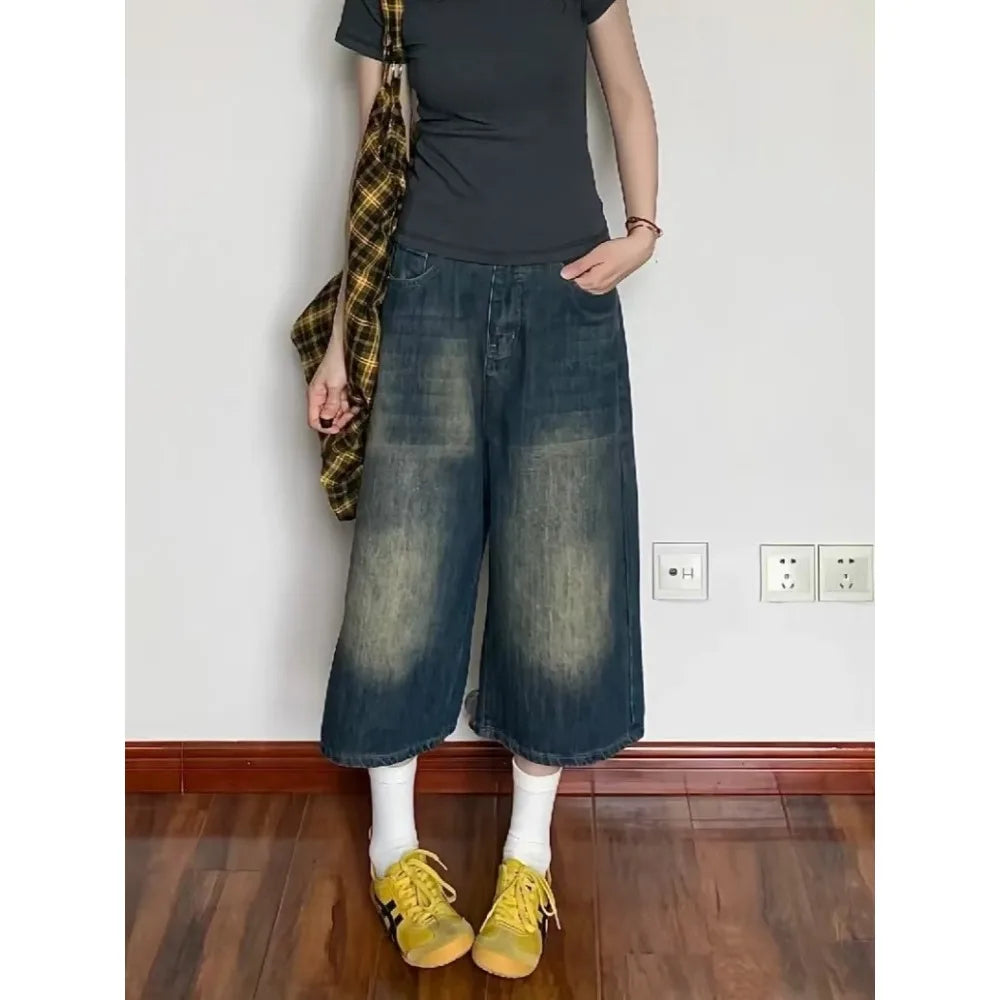 Women's High-Waisted Baggy Denim Jorts – Relaxed Calf-Length Shorts