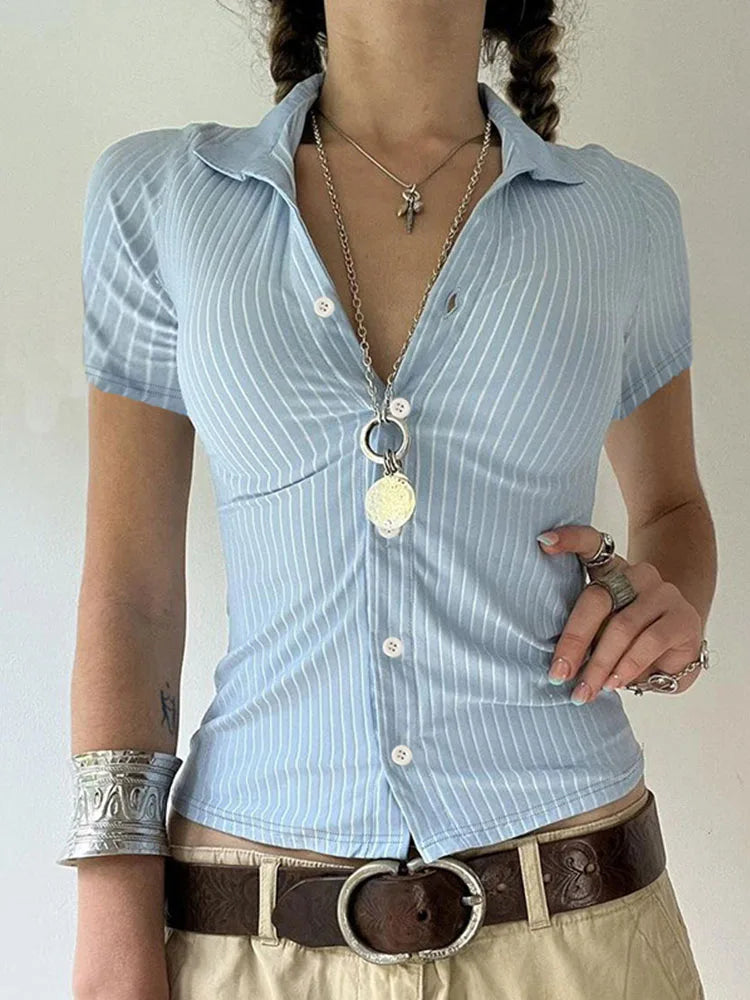 Women’s Blue Striped Button-Up Shirt