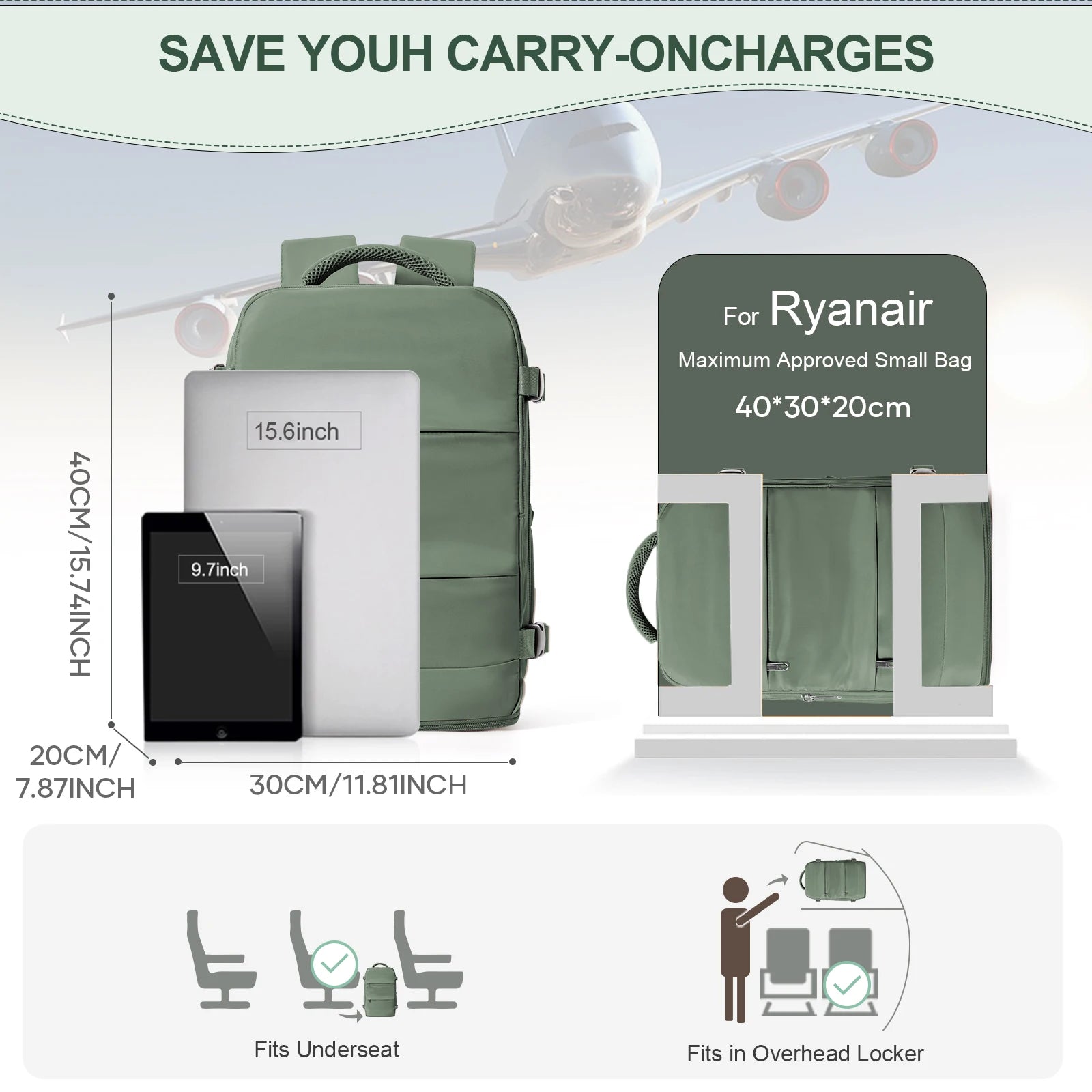 FLCC 40x30x20 Travel Backpack – Cabin Carry-On Laptop Backpack for Men & Women