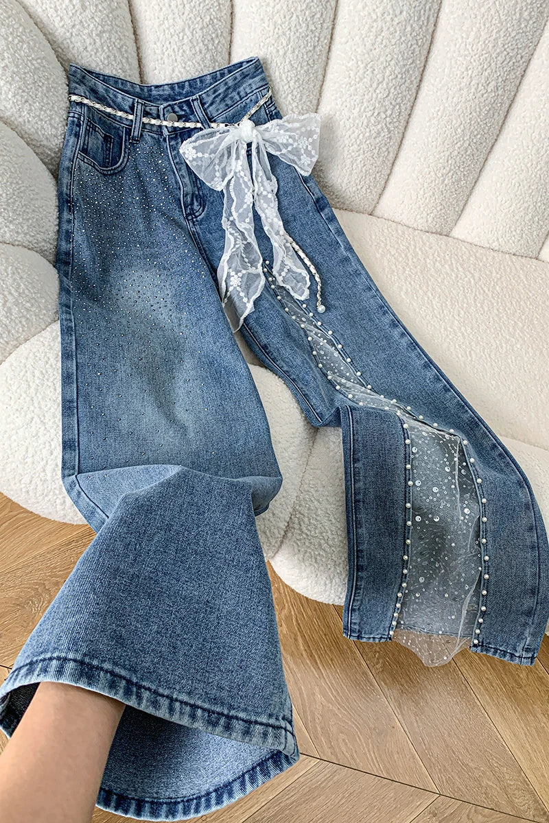 Women's High-Waisted Wide Leg Jeans – Pearl &amp; Lace Detail Denim Pants