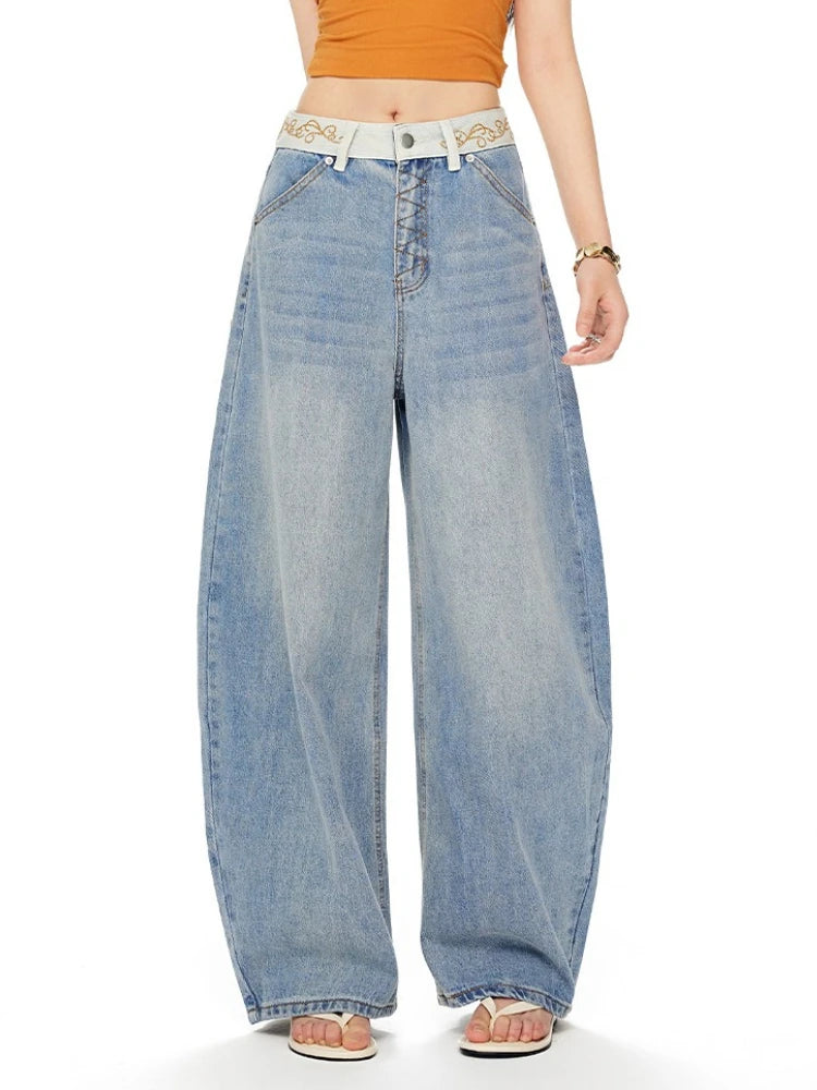 Women's High-Waisted Barrel Leg Jeans – Relaxed Wide Leg Denim Pants