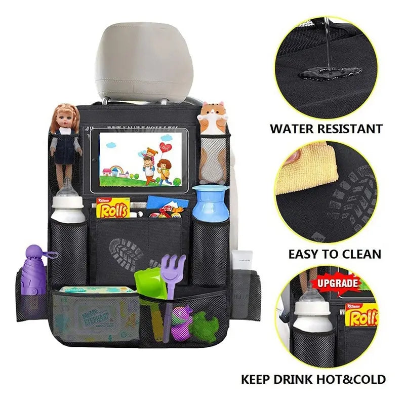Car Backseat Organizer with Touchscreen Tablet Holder – Multi-Pocket Seat Protector