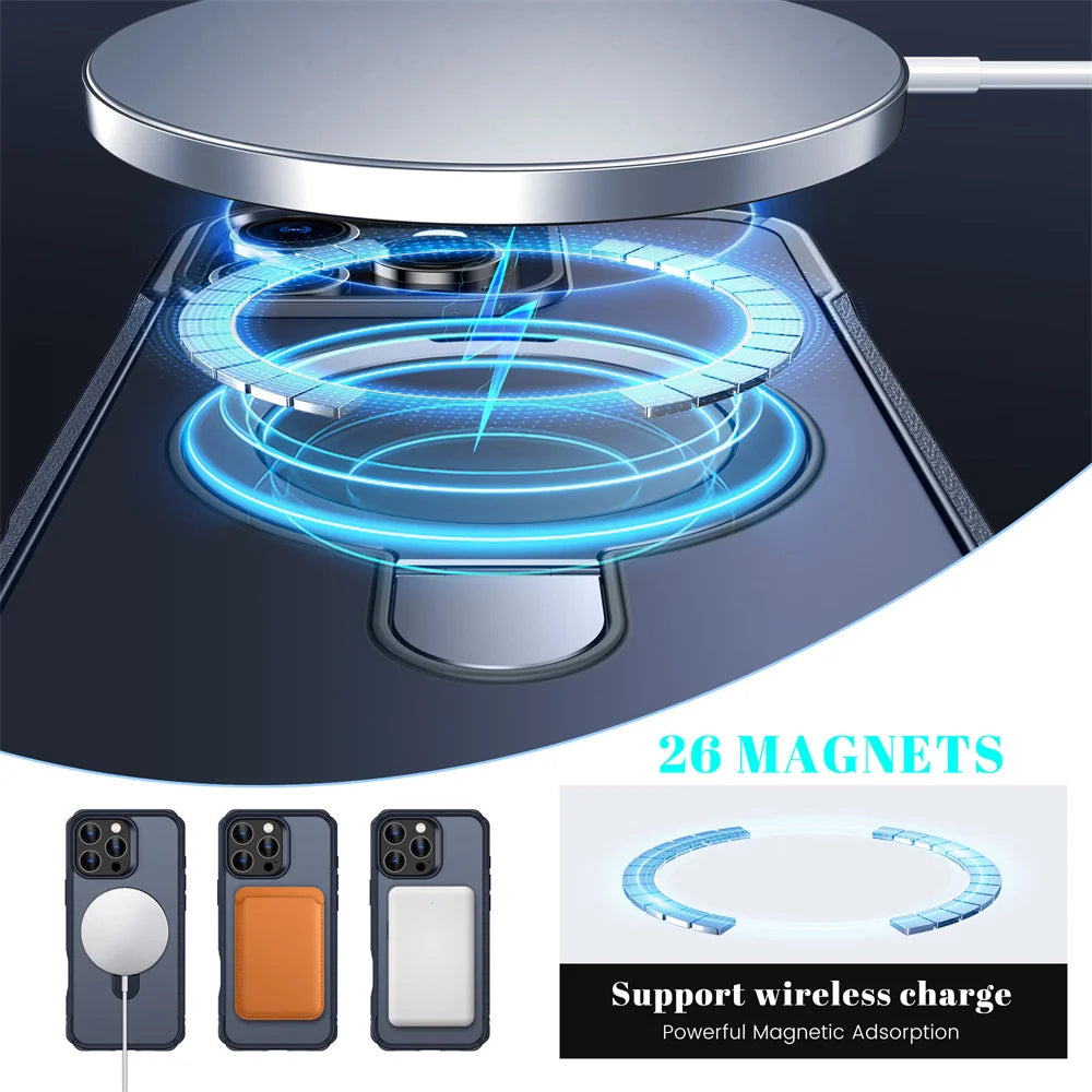 MagSafe Magnetic Folding Stand Case for iPhone 11–18 Series – Anti-Slip Protective Cover with Wireless Charging & Camera Protection