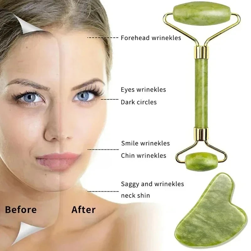 Natural Jade Massage Roller & Gua Sha Set – Facial and Body Massage Tool