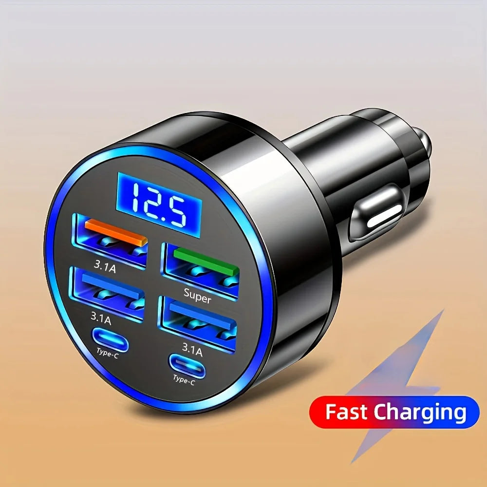 6-in-1 Fast Charging Car Adapter – 3.1A Dual Type-C USB Charger