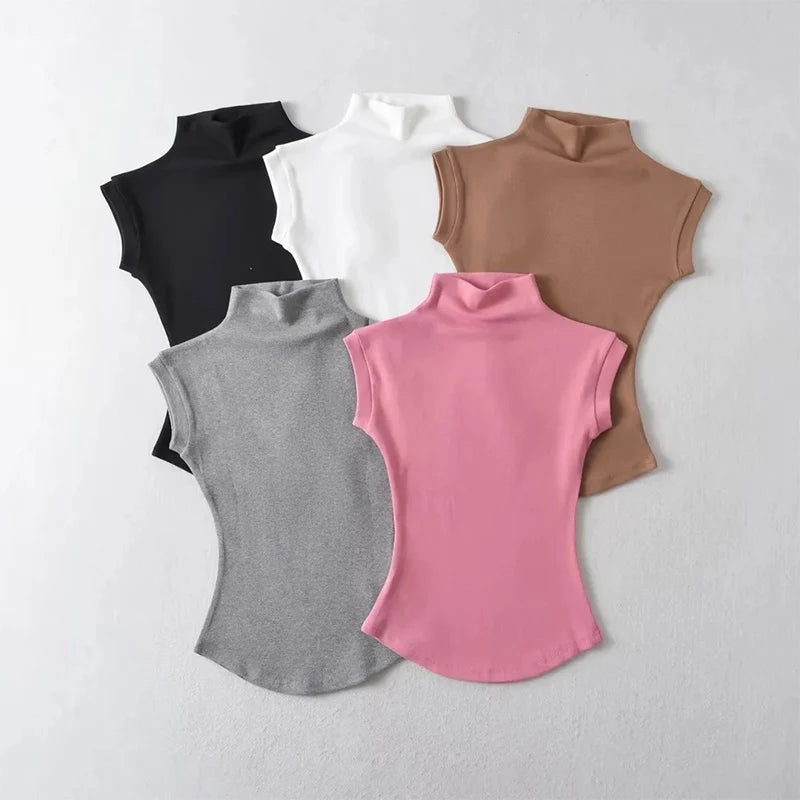 AURELLE Women's Sleeveless Turtleneck Slim Fit Summer Top – High Neck Crop Tank