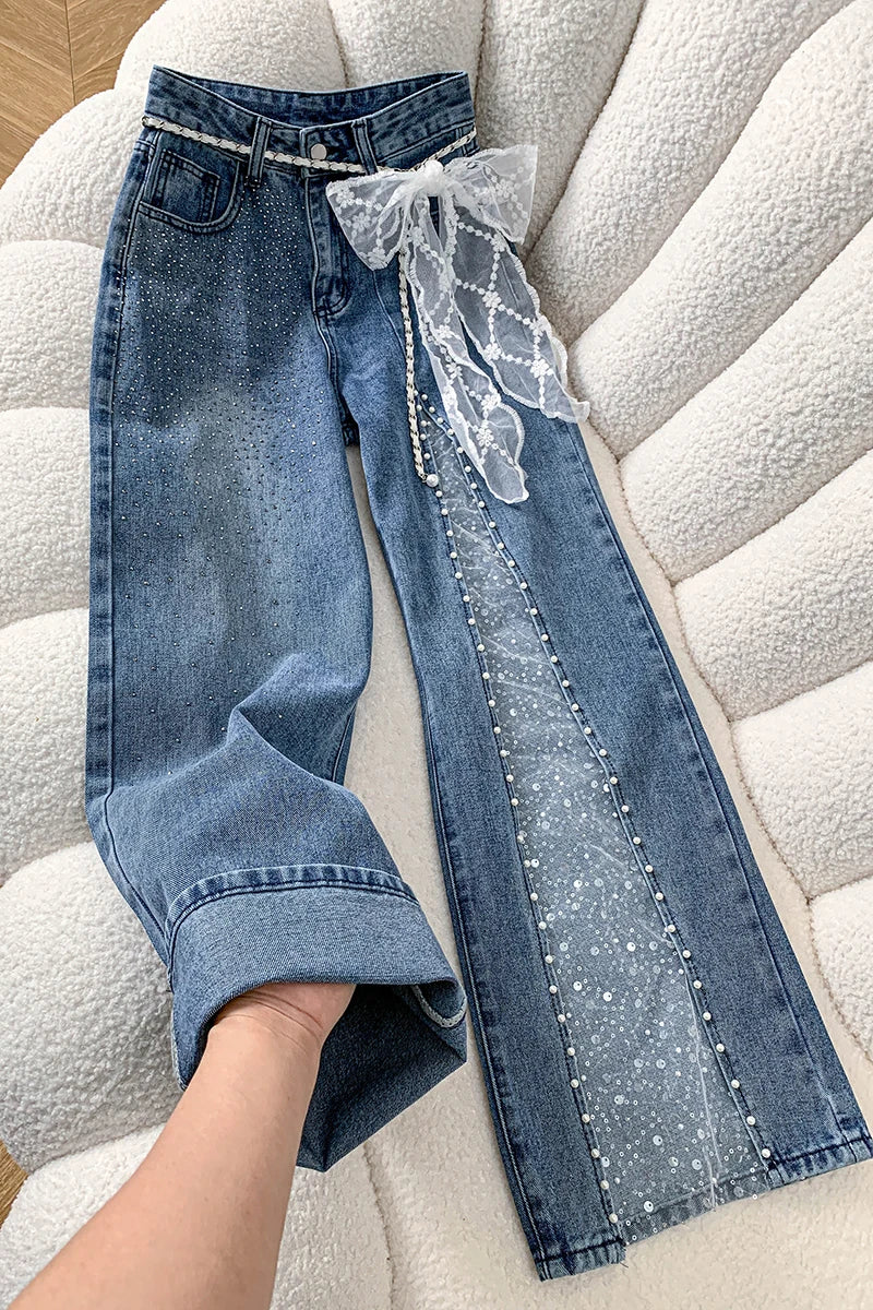 Women's High-Waisted Wide Leg Jeans – Pearl &amp; Lace Detail Denim Pants