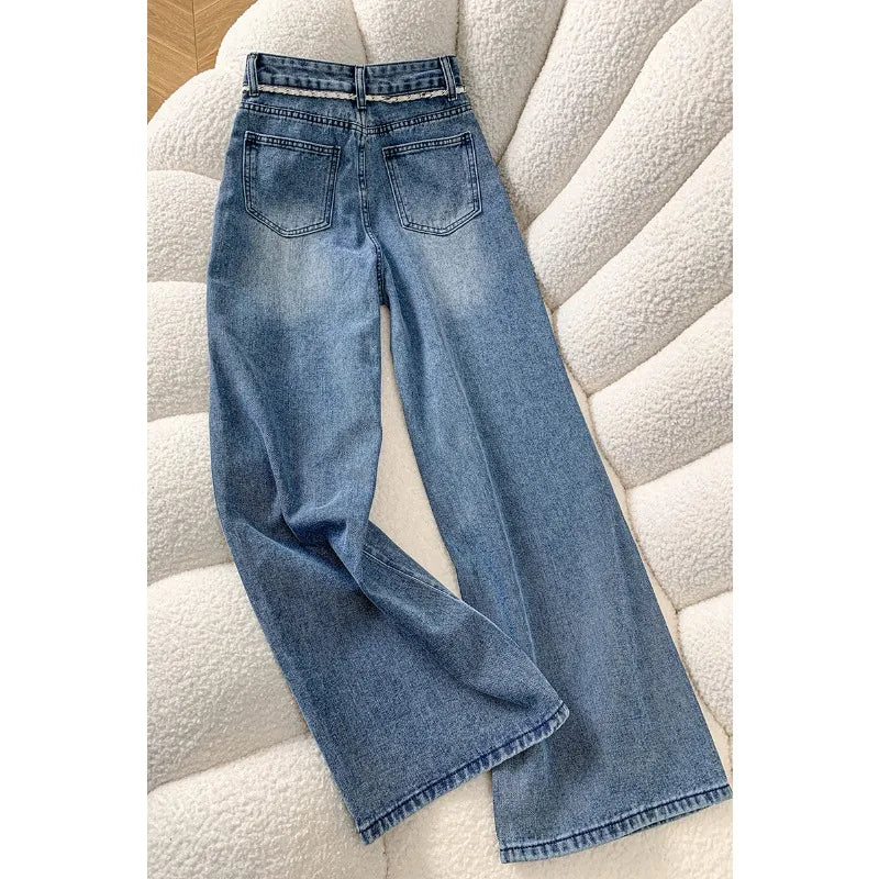 Women's High-Waisted Wide Leg Jeans – Pearl &amp; Lace Detail Denim Pants