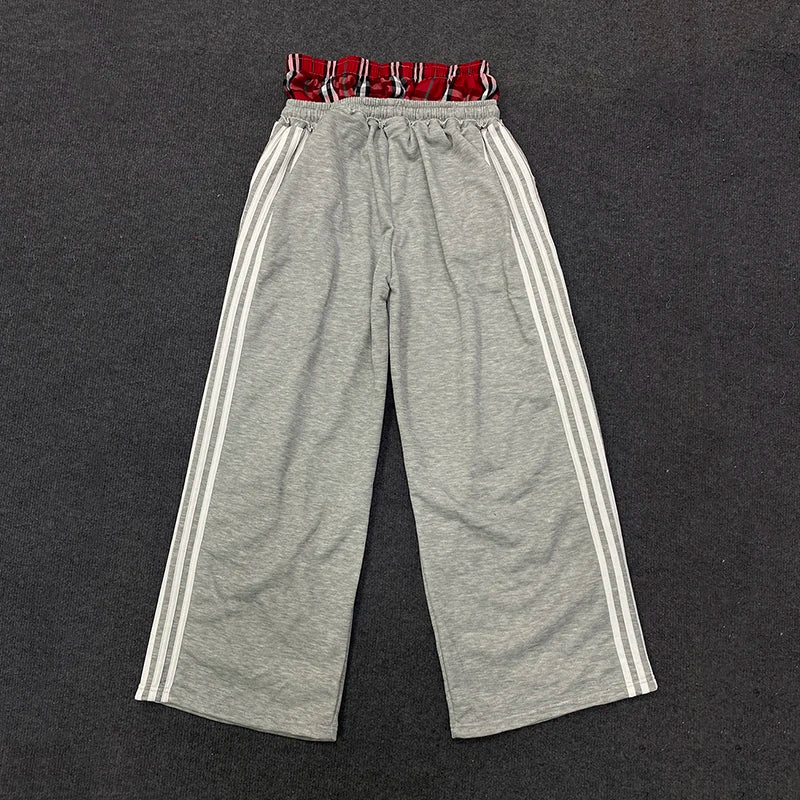 AURELLE Women's Checkered Double-Waist Wide Leg Sweatpants – Letter Embroidery Streetwear