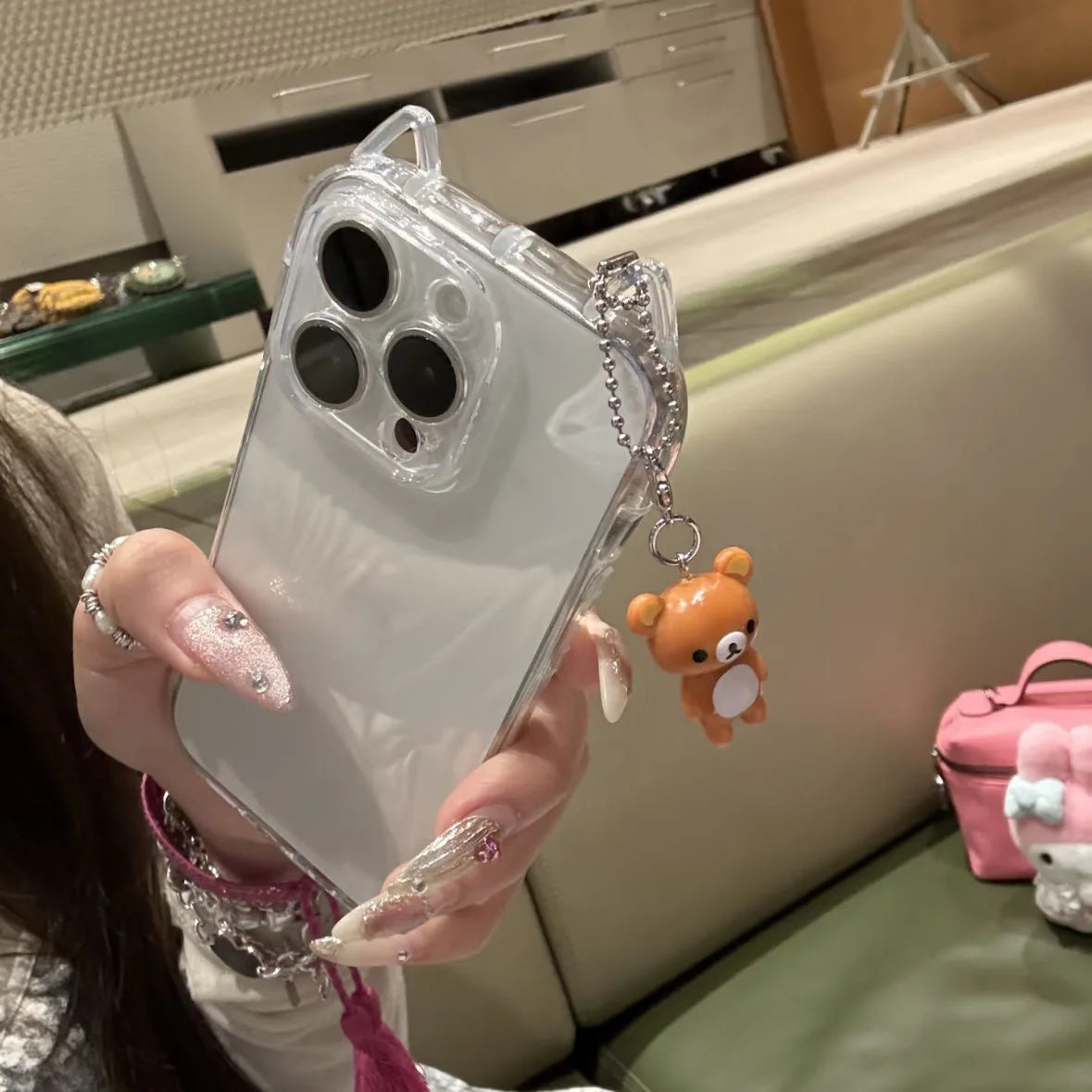 Cute 3D Bear Ear Clear Phone Case with Bear Charm – Shockproof TPU Cover for iPhone