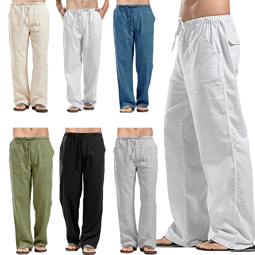 Men’s Cotton Linen Pants – Breathable Drawstring Casual Trousers