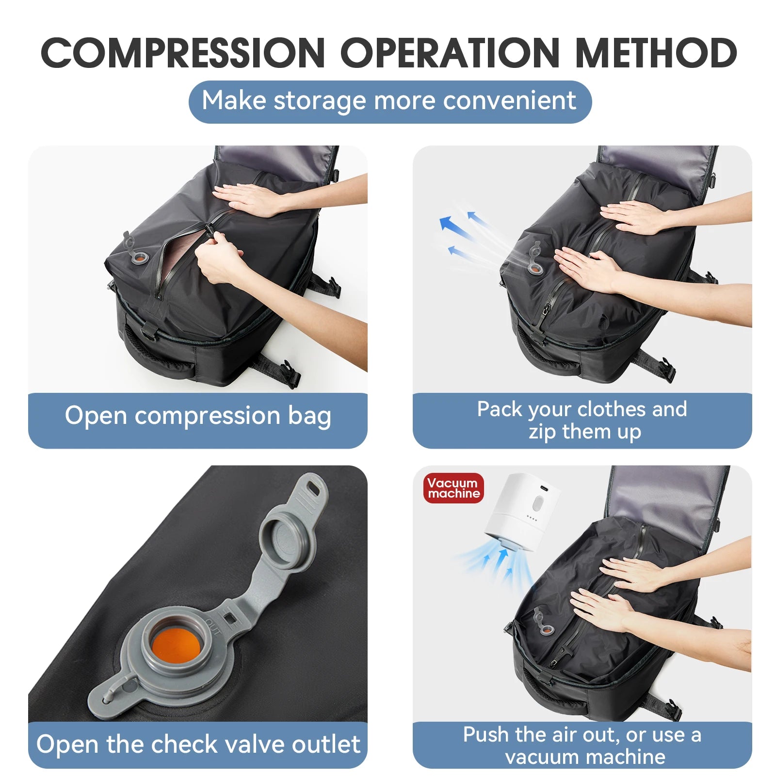 FLCC Vacuum Compression Travel Backpack – Expandable Laptop Backpack with Optional Vacuum Pump