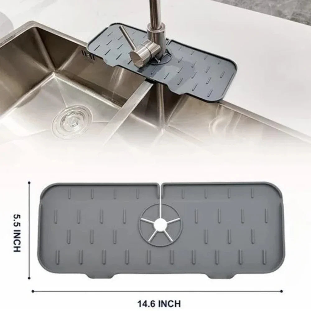 Silicone Faucet Mat & Sink Splash Guard – Foldable Kitchen Countertop Drainage Mat with Sponge Rack