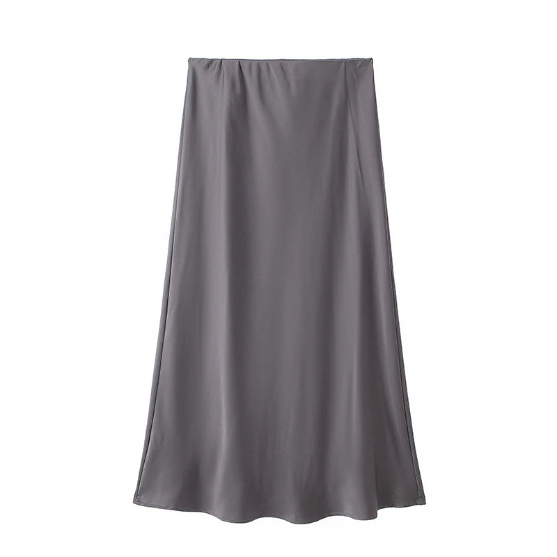 Elegant High-Waist Satin Midi Skirt