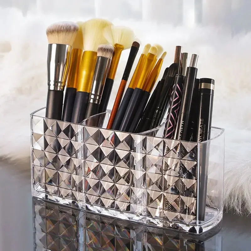 Transparent Diamond-Pattern Storage Box – 3-Grid Bathroom & Makeup Organizer